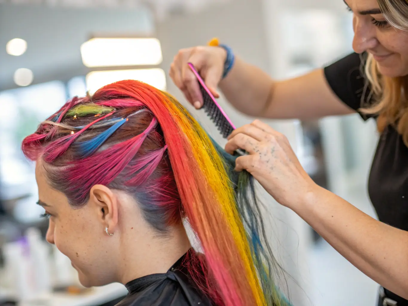A close-up shot of a stylist using advanced hair coloring techniques on a client's hair, showcasing precision and expertise in a modern salon setting.