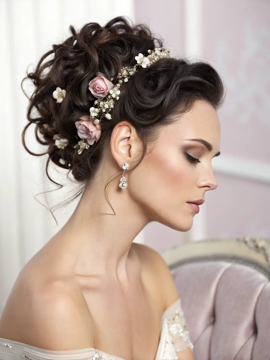 A bride with an elegant updo styled by our expert team in a beautifully decorated salon.