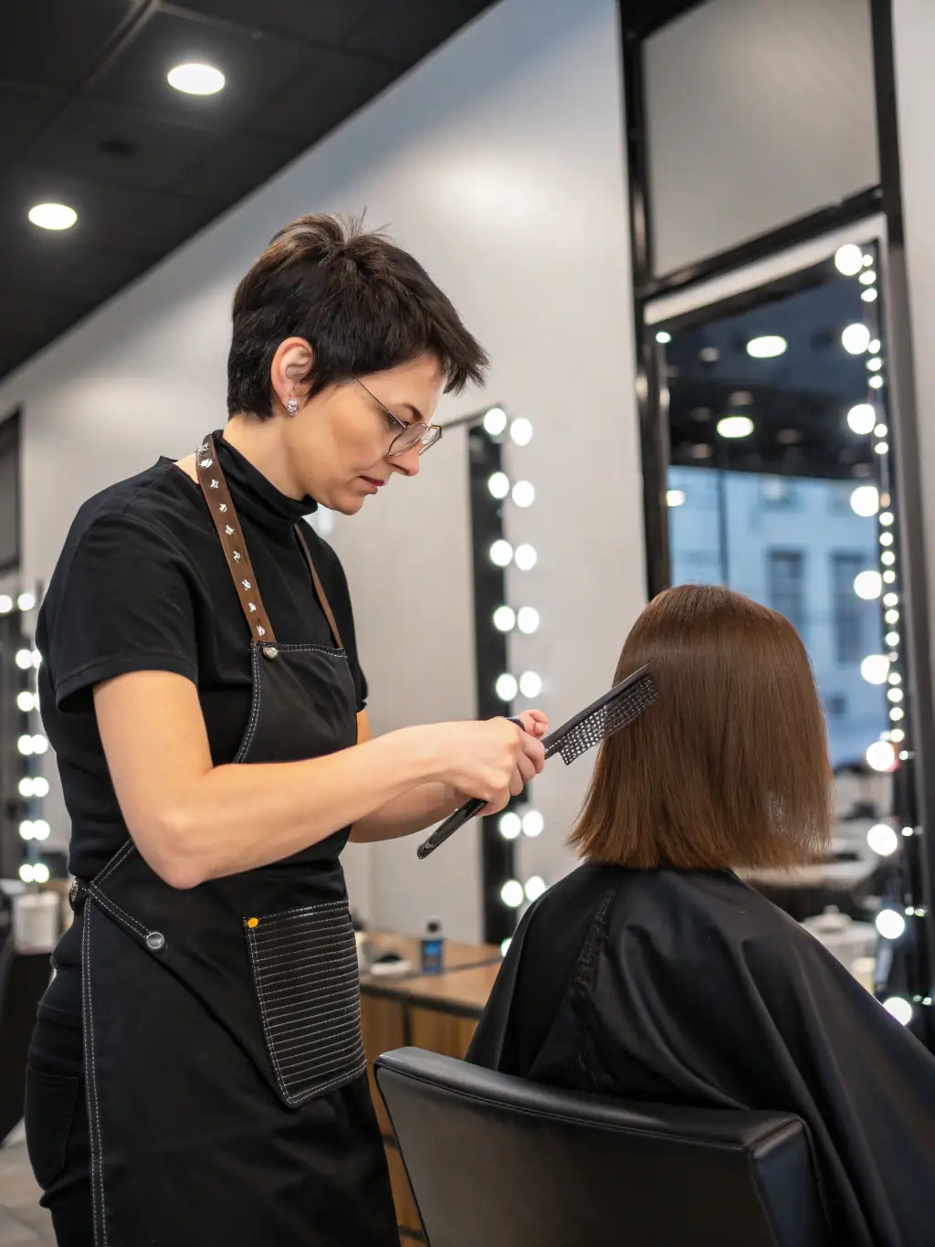 A stylist giving a client a modern haircut in a bright, welcoming salon environment.