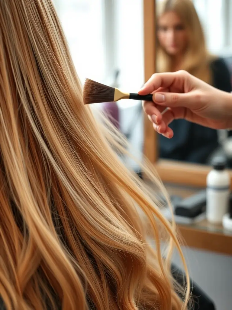 A stylist applying balayage highlights to a client's hair in a well-lit salon.